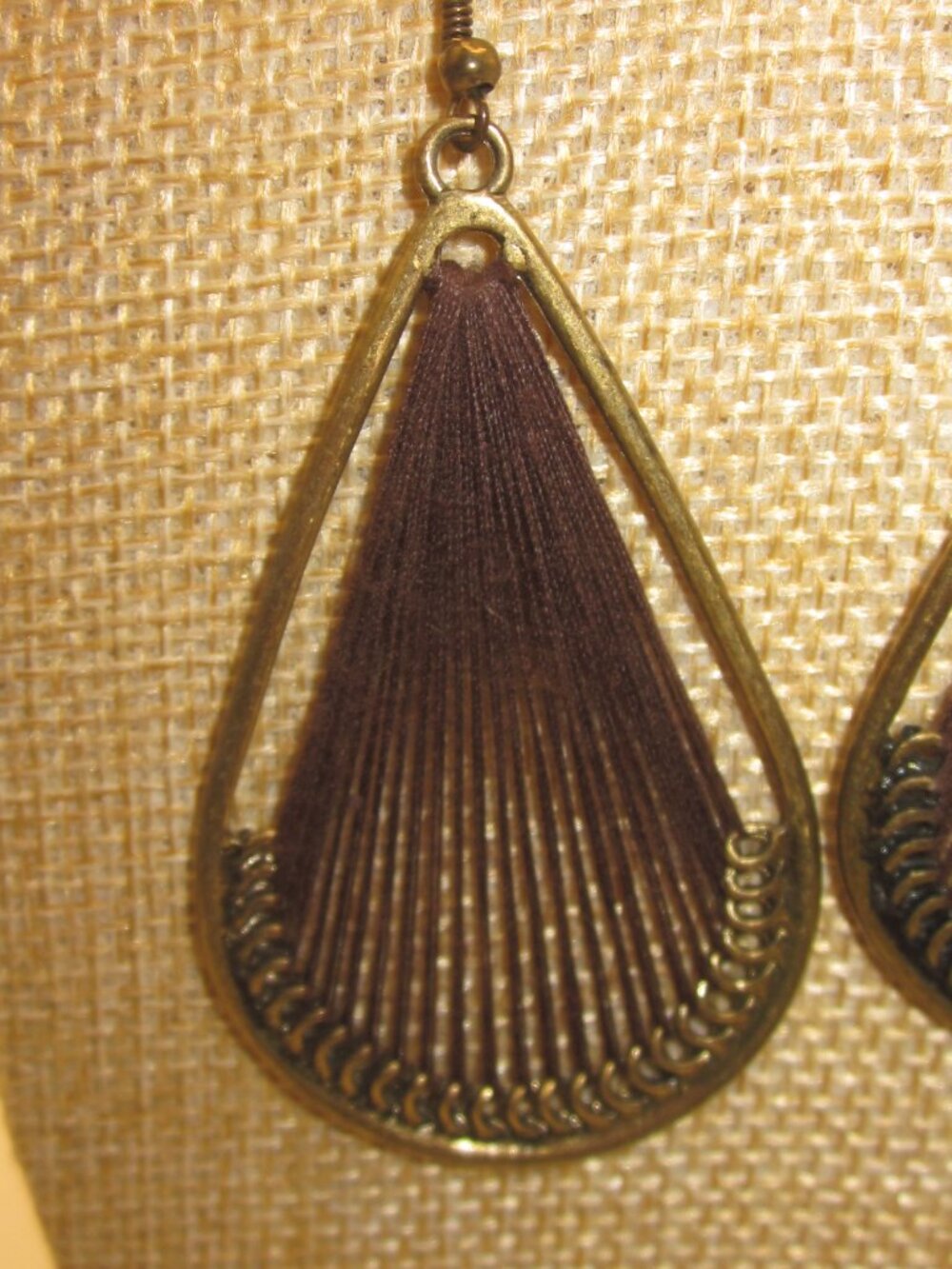 Boho Brown Thread Earrings Teardrop - Picture 2 of 3